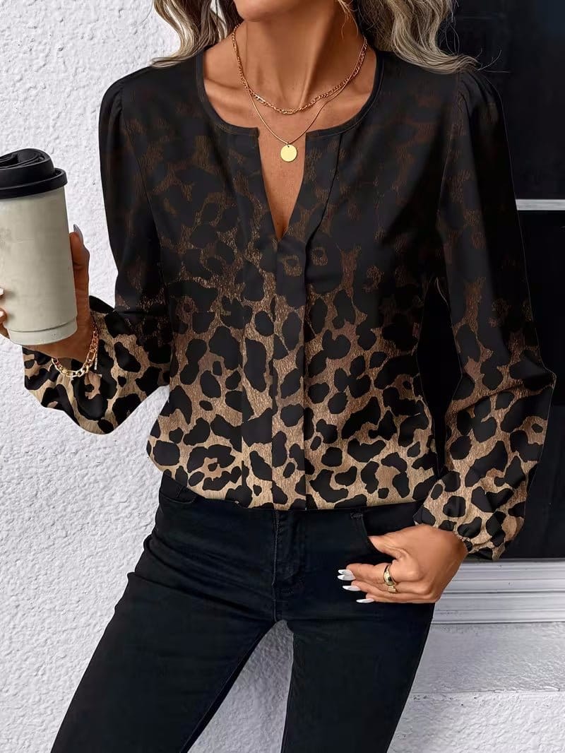 Women's Casual Leopard-Print Puff-Sleeve V-Neck Shirt | Silver Fox Sales