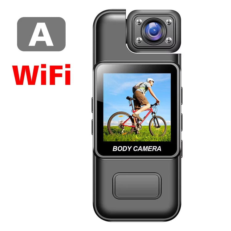 4K wifi mini camera displaying a cyclist on a bike with WiFi functionality for clear video recording.