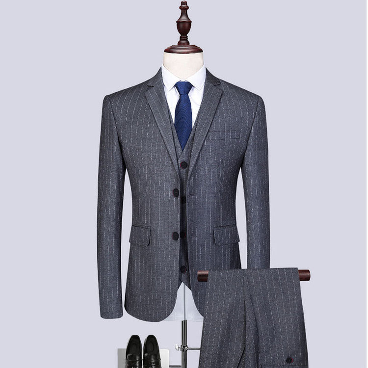 striped three-piece suit for men in gray with matching trousers and formal shoes, ideal for banquets.