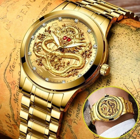 Men's gold dragon watch with 3D dragon dial, shown on wrist