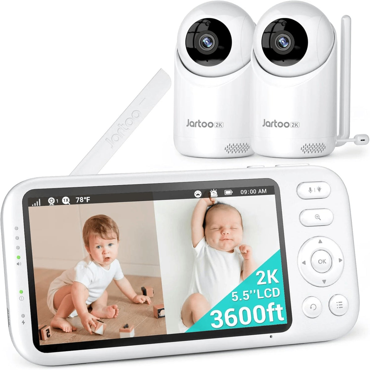 2K Video Baby Monitor, 3000Ft Long Range No Wifi Baby Monitor with 2 Cameras and Audio, 5.5" Split Display, AI Cry Detect, IR Night Vision, 2-Way Audio, 6000Mah
