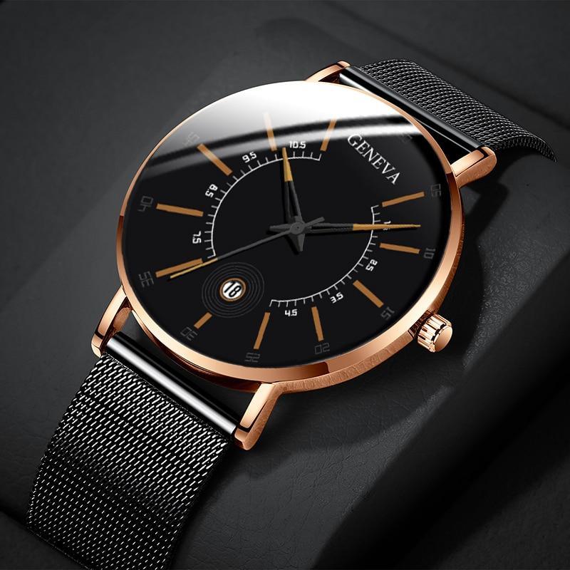 Men's Ultra-Thin Quartz Watch – Mesh Band or Leather Strap, Date Display