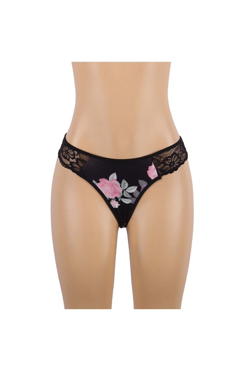 Ladies Black Floral Chemise with Lace Trim & Matching Panty | Silver Fox Sales