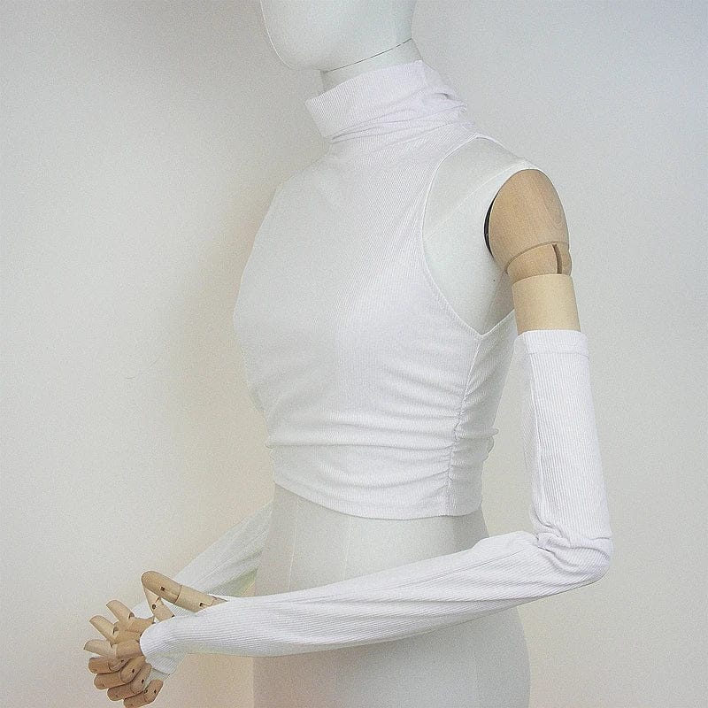 Woman Tank Top Sleeve Cover Sleevless Side Pleats Turtleneck