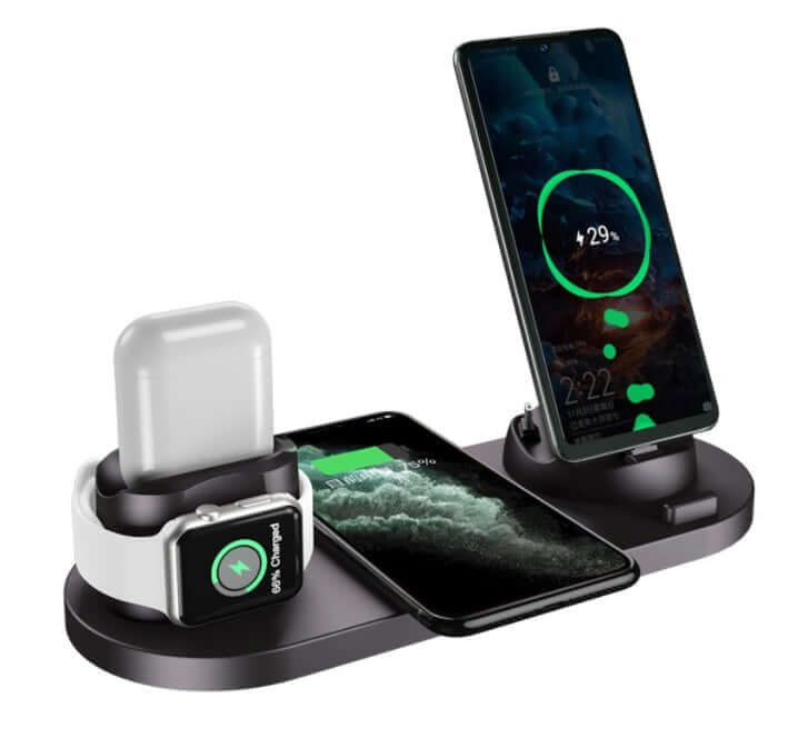 6-in-1 wireless charging dock for iPhone in black with multiple devices charging simultaneously.