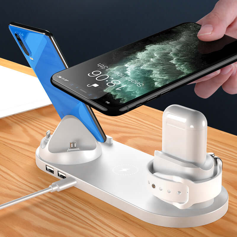6-in-1 wireless charging dock for iPhone charging multiple devices with sleek design.