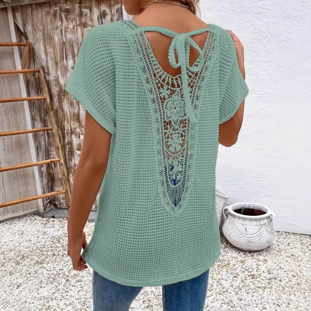 Womens Lace-Panel V-Neck Fashion T-Shirt | Silver Fox Sales