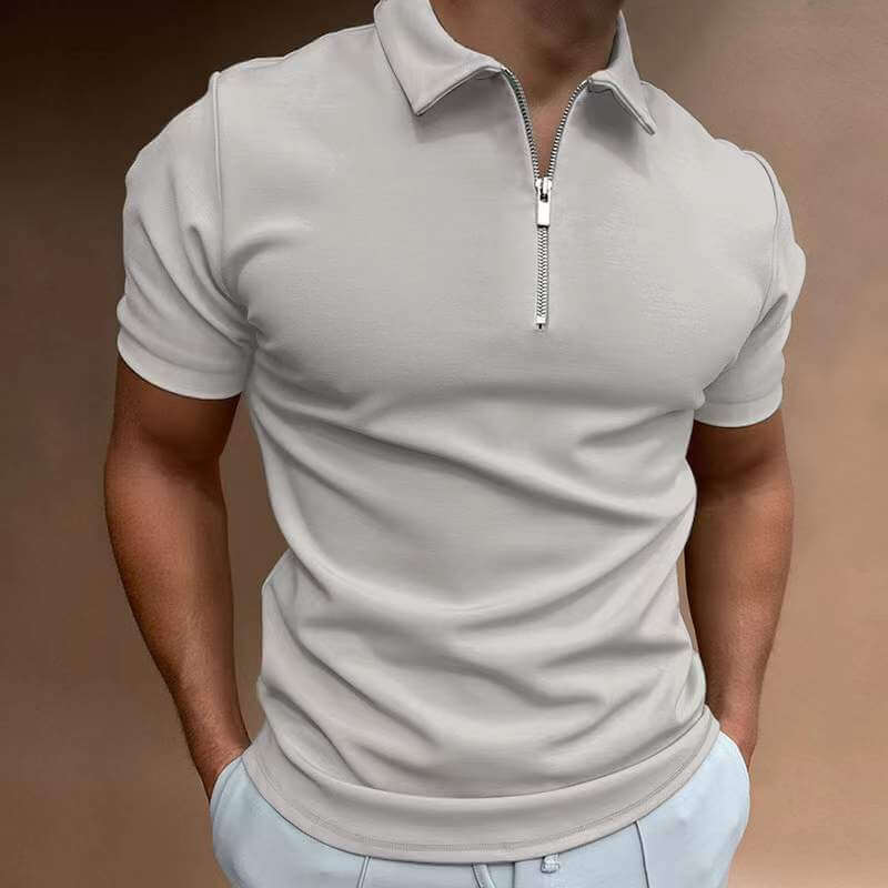 Men's casual polo shirt in light gray with short sleeves and zip collar for a stylish, relaxed look.