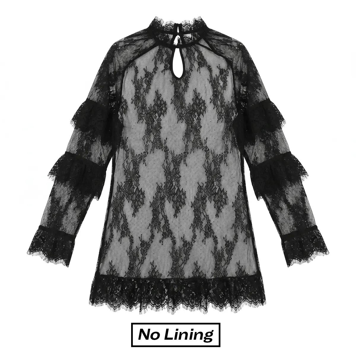 Chicovar Women's Sheer Black Lace Mini Dress - Unlined Long Sleeve Crew Neck Cocktail Dress with Ruffled Hem for Evening Wear and Special Occasions