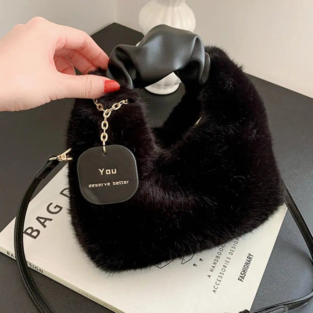 PU leather women's crossbody bags in black with furry design and stylish charm, perfect for fashionable outings.