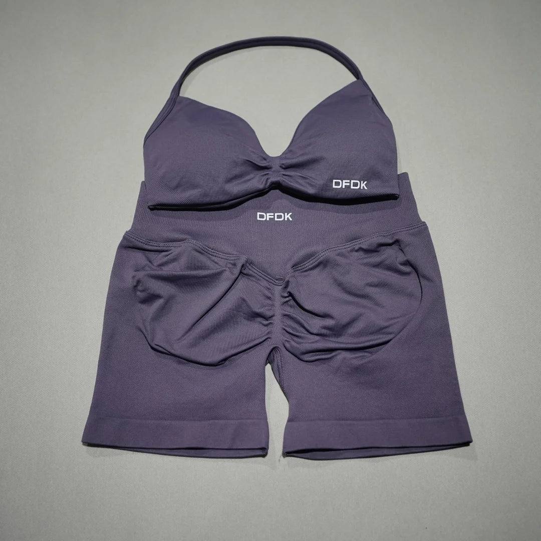 Women 2PCS Fitness Sports Set Lace up Yoga Bra High Waist Short Leggings Seamless Cycling Running Workout Activewear