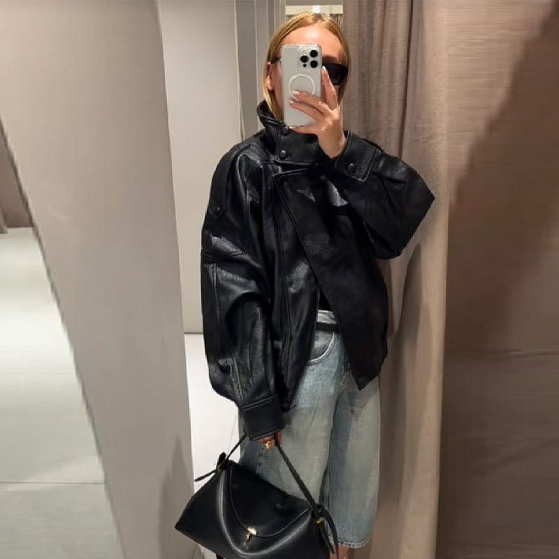 Women's Retro Biker PU Leather Jacket – Stand Collar | Silver Fox Sales