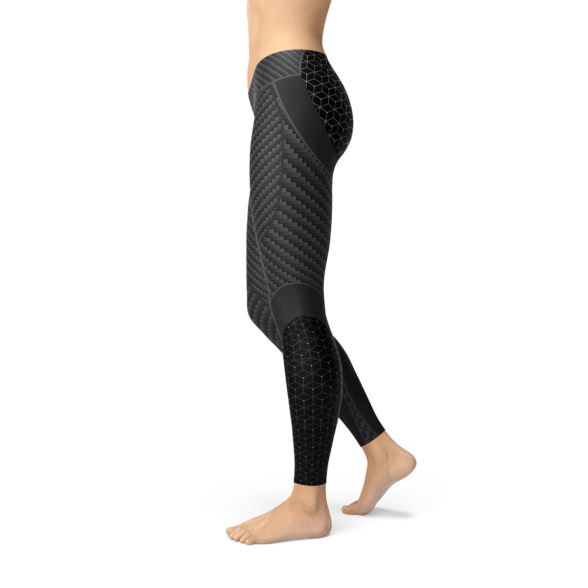 Womens Carbon Fiber Sports Leggings showcasing a stylish design with a sleek black carbon fiber pattern.