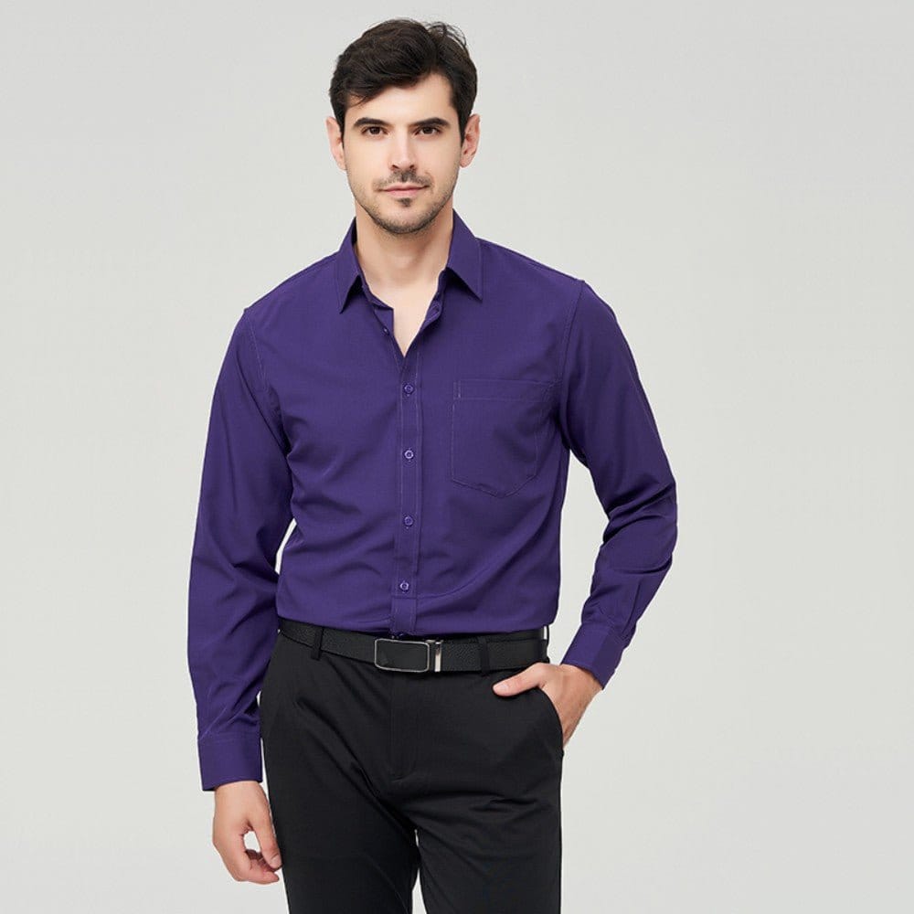 W7 business shirt polyester displayed on a model wearing a purple long-sleeve shirt with black trousers.