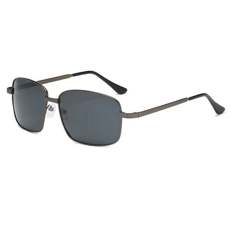 Mens polarized square sunglasses UV protection with gray lenses and stylish design.