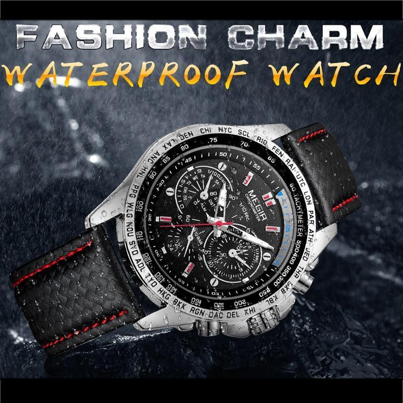 Men's Chronograph-Style Quartz Watch – Luminous Hands, Leather Strap