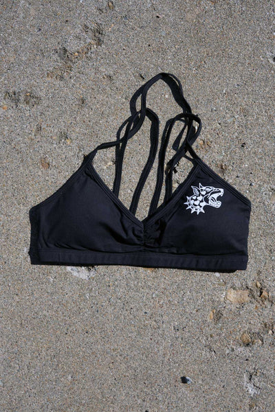 Women's minimal sports bra in black, front flat lay