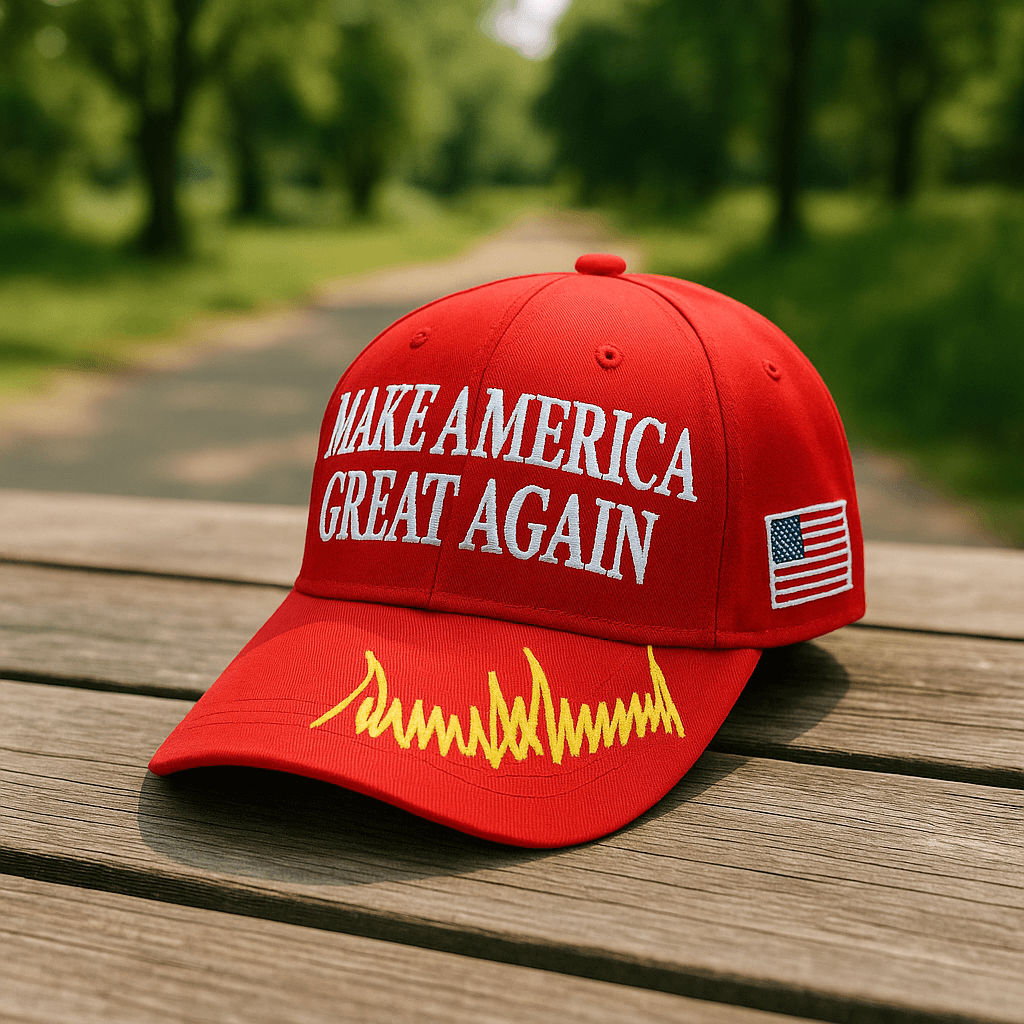 Red 'Make America Great Again' cap with embroidered signature, perfect for casual outings, part of our hats and caps collection.