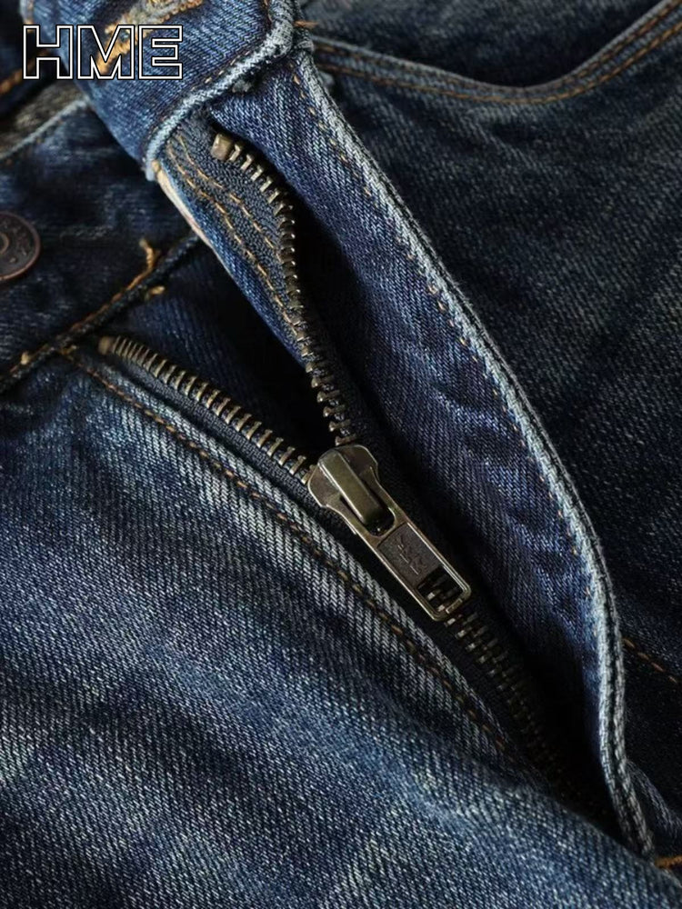 Close-up of zip detail on Shanxi stretchy slim straight pants, showcasing premium denim quality and style.