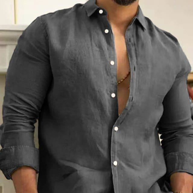 Mens casual long sleeve fashion shirt for young men in dark gray, showcasing a slim fit design.