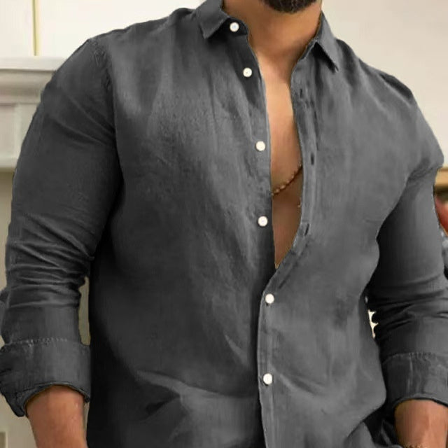 Mens casual long sleeve fashion shirt for young men in dark gray, showcasing a slim fit design.