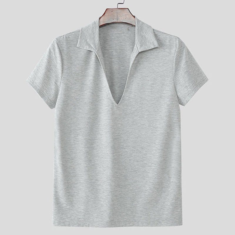 Men's breathable v-neck short sleeve top in gray color on a hanger against a light background.