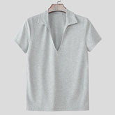 Mens breathable v-neck short-sleeve top in gray color displayed on a hanger.