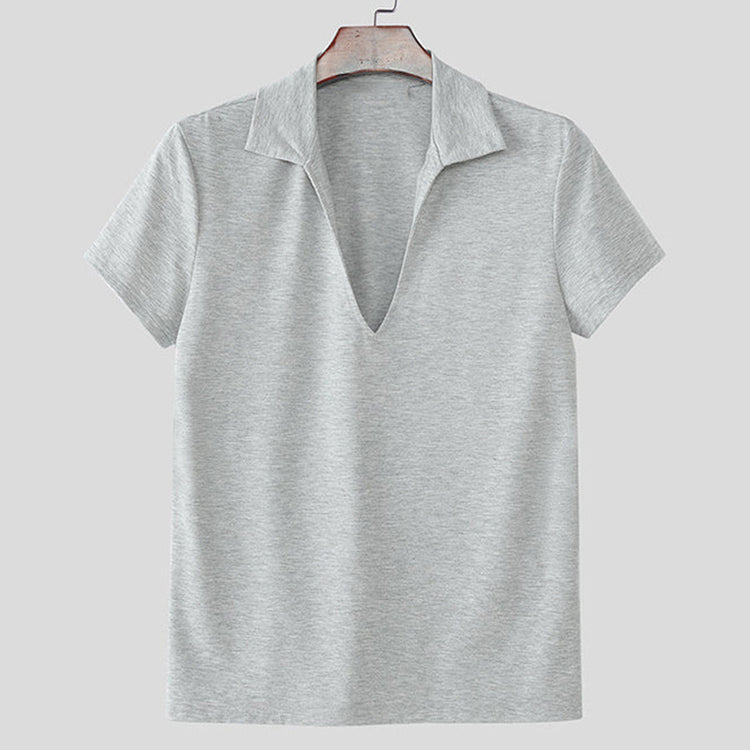Mens breathable v-neck short-sleeve top in gray color displayed on a hanger.