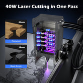 L8 laser engraver machine showcasing 40W laser cutting capabilities on pinewood and black acrylic in one pass.