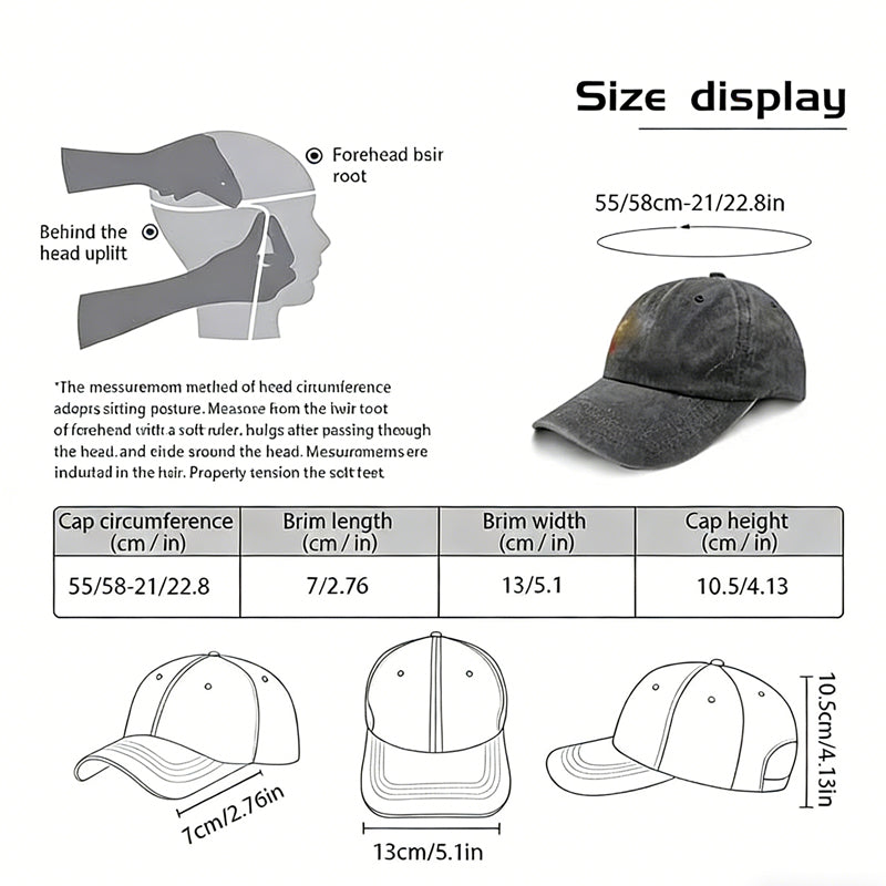 Size display diagram for fox embroidered baseball cap, showing measurements for cap circumference, brim length, width, and height.