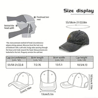 Size display diagram for fox embroidered baseball cap, showing measurements for cap circumference, brim length, width, and height.