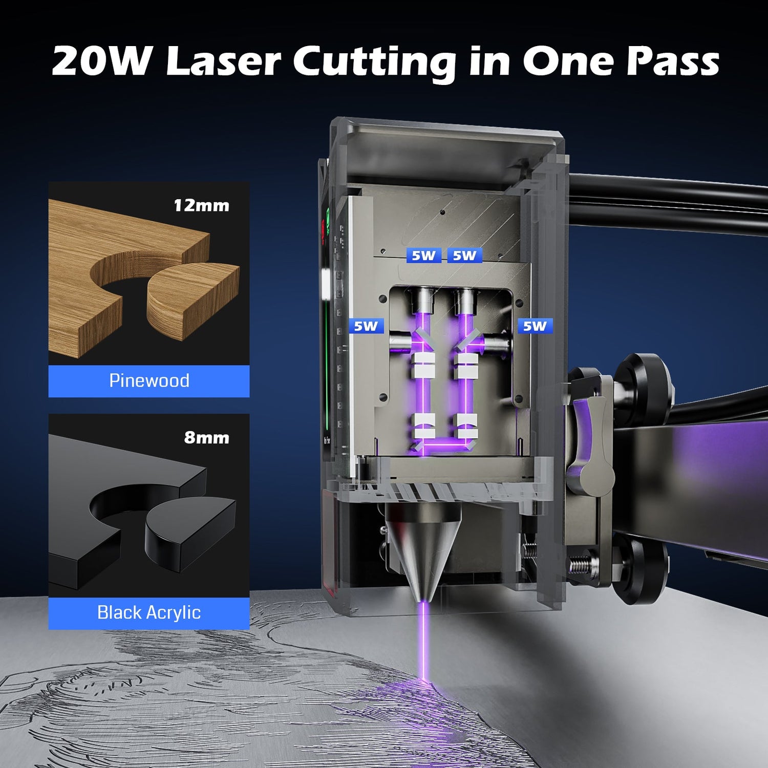 L8 laser engraver machine cutting 12mm pinewood and 8mm black acrylic with 20W laser in one pass.