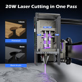 L8 laser engraver machine cutting 12mm pinewood and 8mm black acrylic with 20W laser in one pass.