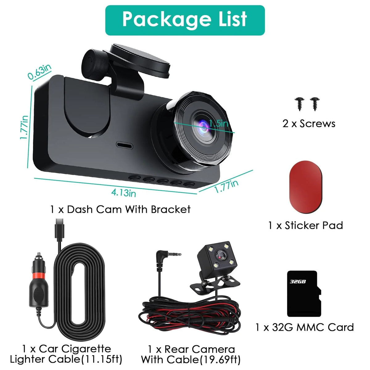 3-Channel Dash Cam with Front, Interior & Rear Cameras, 32GB Card