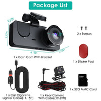 3-Channel Dash Cam with Front, Interior & Rear Cameras, 32GB Card