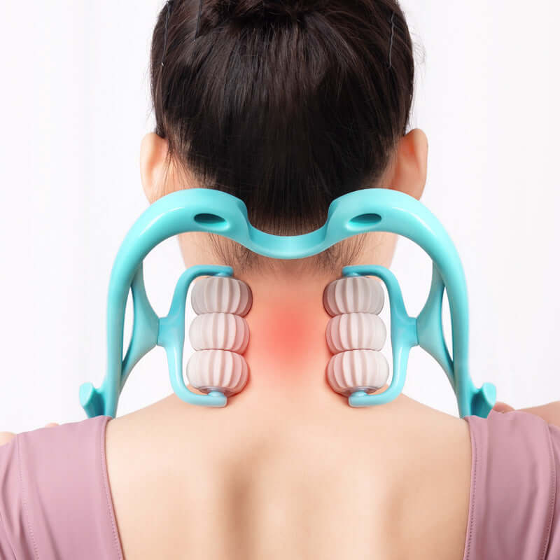 Multifunctional manual neck massager tool for soothing neck and shoulder soreness with six rolling massage wheels.