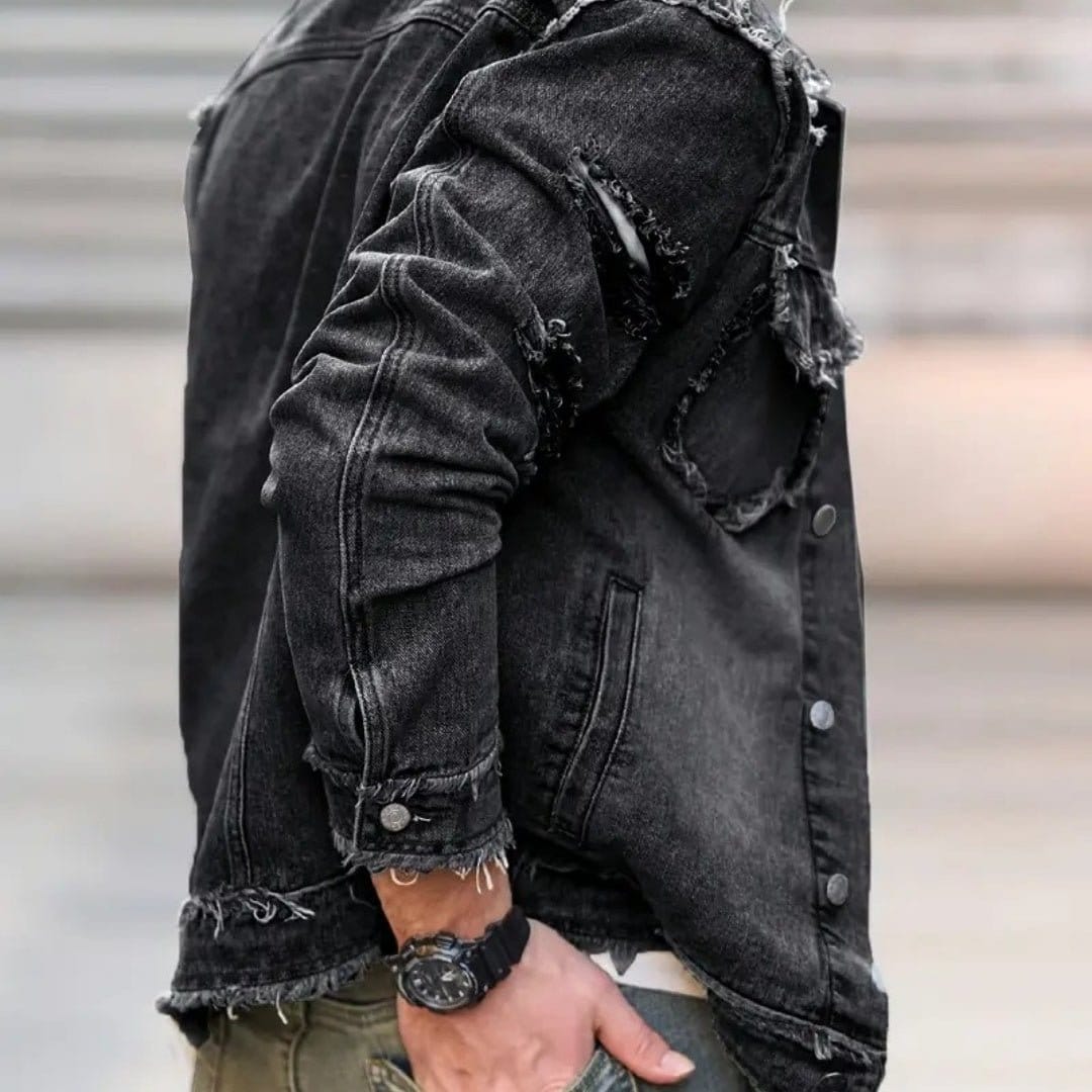 Formal denim jacket featuring a distressed design and a stylish fit for casual occasions.