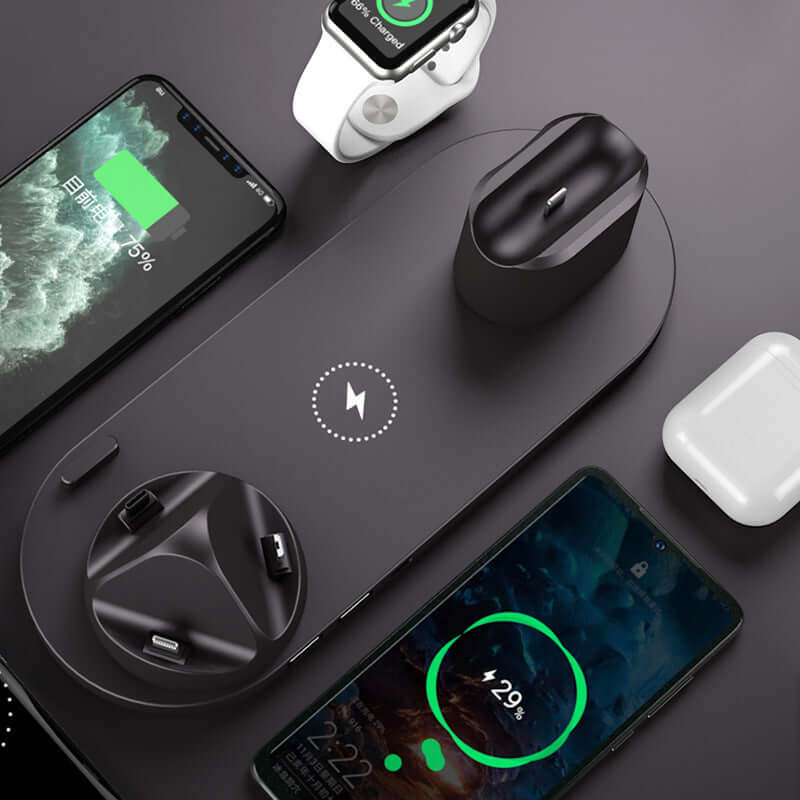 6-in-1 wireless charging dock for iPhone with multiple devices charging, sleek design and smart features.