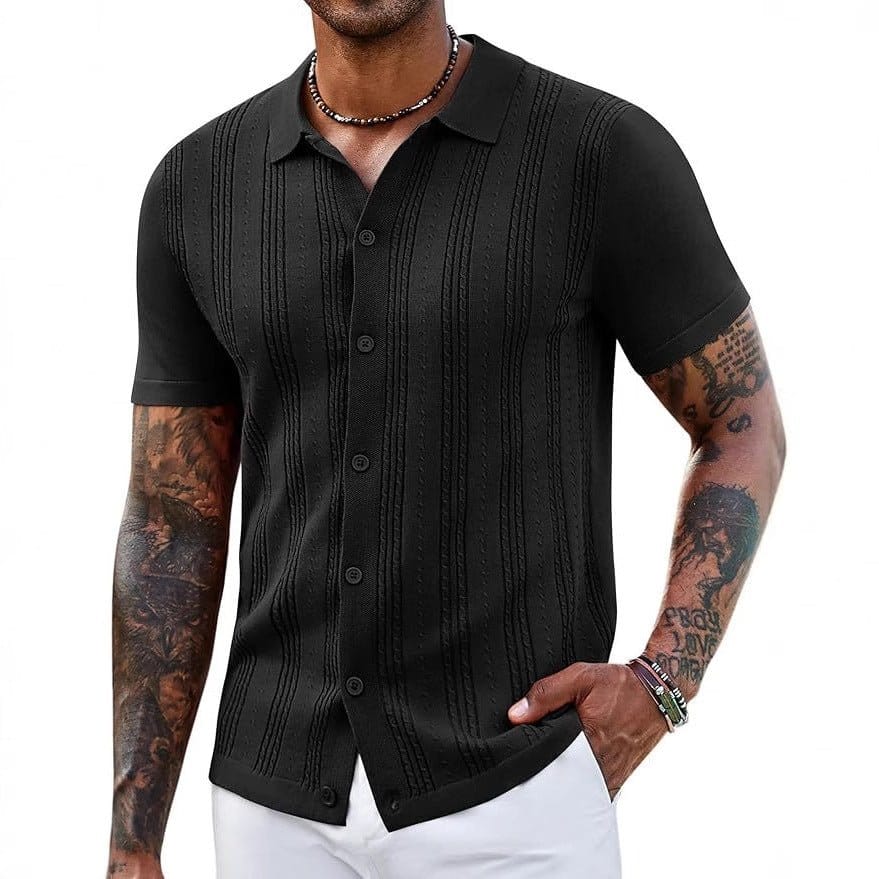 Fashionable striped knitted sweater for men in black color, showcasing a slim fit and stylish design.