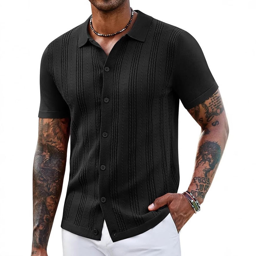 Fashionable striped knitted sweater for men in black color, showcasing a slim fit and stylish design.