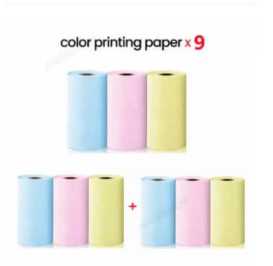 Color printing paper rolls in blue, pink, and yellow for portable mini label printer usage.