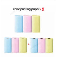 Color printing paper rolls in blue, pink, and yellow, ideal for portable mini label printer for students.