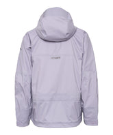 Back view of a light purple durable outdoor jacket with a hood and logo for outdoor activities.