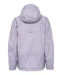 Back view of a light purple durable outdoor jacket with a hood and logo for outdoor activities.