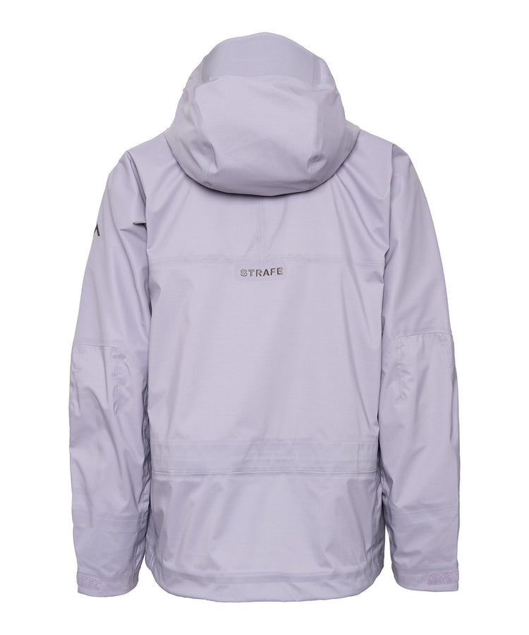 Back view of a light purple durable outdoor jacket with a hood and logo for outdoor activities.