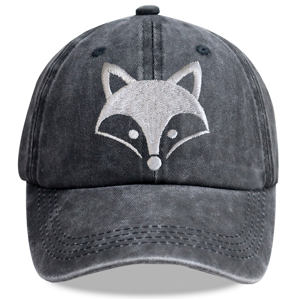 2pcs fox embroidered baseball cap featuring a vintage washed design with a charming fox face.