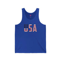 USA flag tank top in True Royal blue, unisex patriotic sleeveless shirt