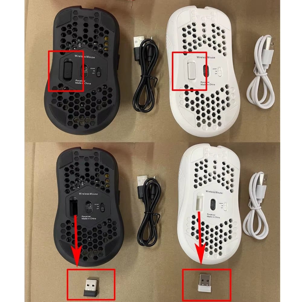 Wireless gaming mouse with RGB backlight, 6-button design, Type C rechargeable cables, and USB receiver.