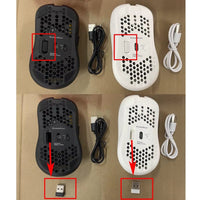 Wireless gaming mouse with RGB backlight, 6-button design, Type C rechargeable cables, and USB receiver.