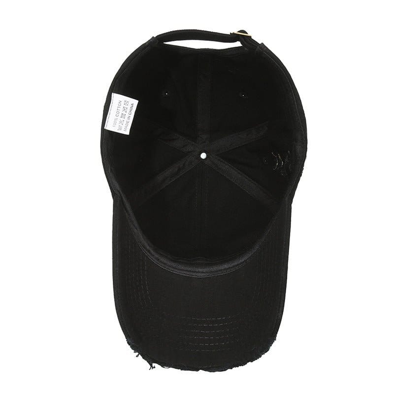 Interior view of black vintage baseball cap for men showcasing adjustable fit and stitching details.